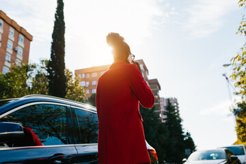 Back view of elegant woman browsing smartphone in road
