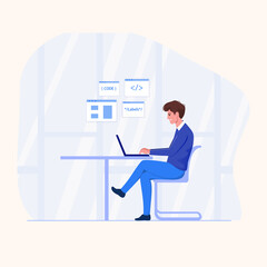 Programmer work on laptop in flat style.
