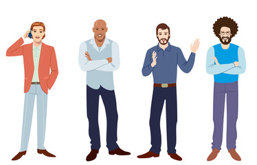 Characters of man's. Diverse social types of mans and man fashion. Hipster,  broker, teacher, computer ingenious. Set of vector character design.