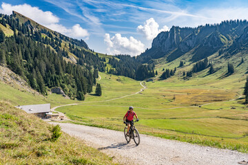 Fototapeta na wymiar nice senior woman riding her electric mountain bike up to the Schreiber Sattel below Winterstaude summit in the Bregenzer Wald mountain range in Vorarlberg, Austria
