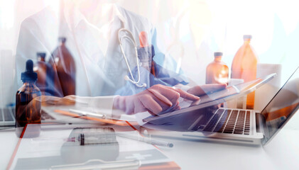 Medical technology concept The doctor works with mobile phones, headphones and tablets. Digital laptop Pressing the calculator in the modern office at the hospital in the morning