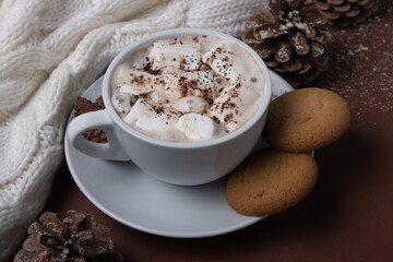 Autumn and winter concept. Cup of cocoa with marshmallows, cookies, white sweater, pine cones and snow on brown background. Chestnut color.