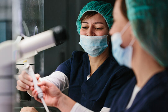Biologists working on microscope in IVF laboratory