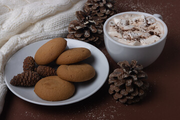 Cup of cocoa with marshmallows, cookies, white sweater, pine cones and snow on brown background. Autumn and winter concept.  Chestnut color. Hygge