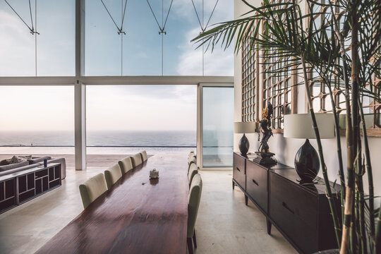 wooden dining table in villa
