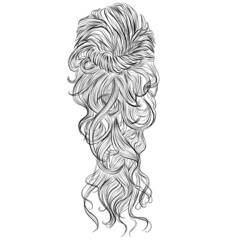 Long wavy woman hair with a twisted braid around a head vector illustration - 380716724