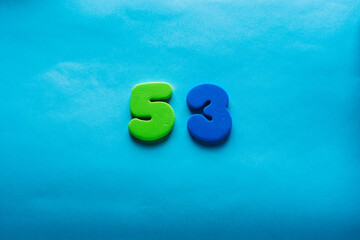 53 years old celebrating classic logo. Colored happy anniversary 53 th template colorful numbers. Greetings celebrates card. Traditional framed digits of ages. Sale, special prize, off concept.