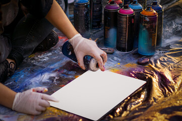 girl street artist in gloves paints with spray cans of paint on a piece of paper. multicolored cans...