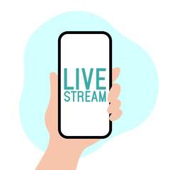 Live stream - hand holding a phone on a blue background