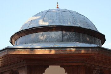 Dome of historical Ottoman mosque fountain made of lead and wooden material