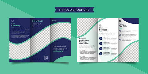 Corporate business trifold brochure template. Modern, Creative and Professional tri fold brochure vector design. Simple and minimalist promotion layout with blue and green color.