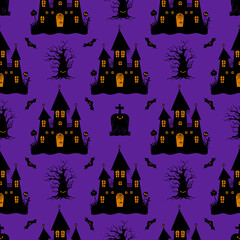 Halloween cute pattern with castle. Vector in cartoon style. Kawaii. Trick or treat. Holiday symbols. Funny illustration. For fabric, textile, postcards, posters, backgrounds and wrapping papers.