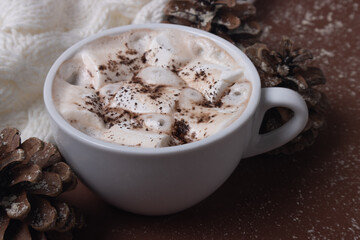 Autumn and winter concept. Cup of cocoa with marshmallows, white sweater, pine cones and snow on brown background. Chestnut color.