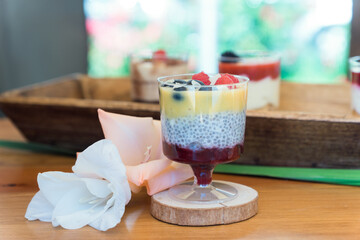 milk desert with strawberries and chocolade