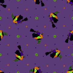 Naklejka na ściany i meble Halloween witch on a broom vector pattern. Cartoon style. Kawaii character. Trick or treat. Cute symbols of the holiday. Funny illustration. For fabrics, textiles, cards, backgrounds and papers.