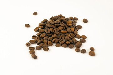 Roasted coffee beans isolated on white background.