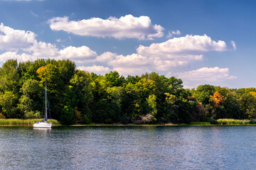 single sailing boat anchored at Tegeler See