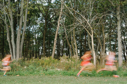 Blurry cross country runners by a forest