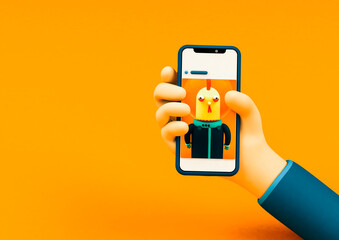 Hand holding a phone and scrolling through photos from a social network - Orange