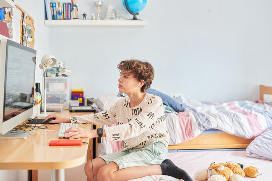 Teenage boy using computer in his room