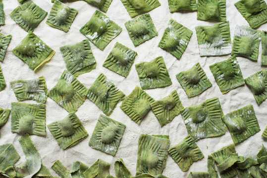 Homemade fresh green spinach ravioli