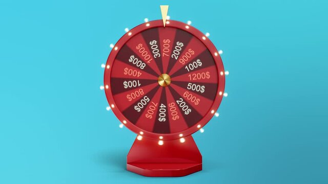 Rotating red wheel of luck or fortune on blue background. Front view. Won a thousand dollars. Gambling, lottery. Wheel of fortune with alpha channel. 3840x2160, 4K 3D animation