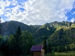 Mountain landscape in nature in the open air depicting clouds, conifers and meadows