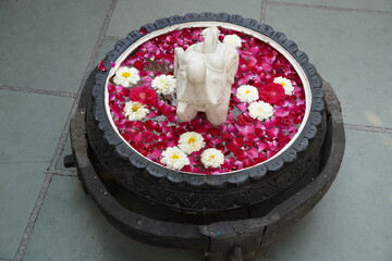 Marble Bowl with water and flowers. A marble miniature elephant is placed in middle.