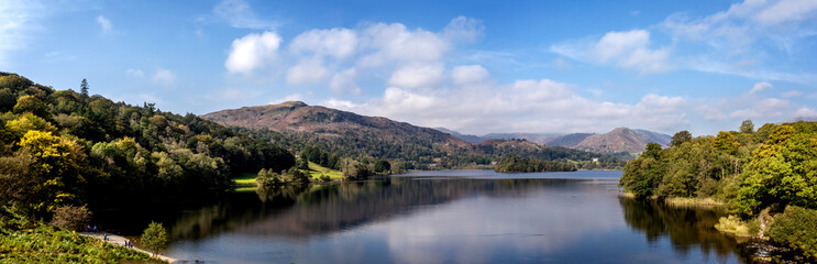 Panoramic view from the waters edge of Grasmere Lake in the Lake District, Cumbria, UK