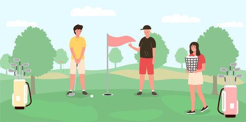 Obraz premium Group of young people playing golf. Flat vector illustration