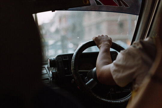 Taxi driver in a car in Kathmandu