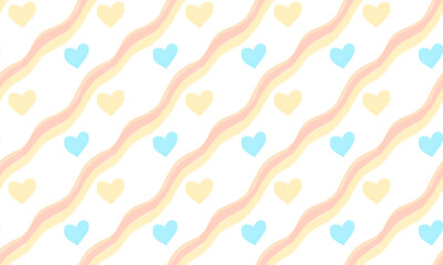 cute romantic light bright seamless white background with diagonal multicolored waves of pink and yellow colors, with many hearts in yellow and yellow colors. Primitive simple drawing.