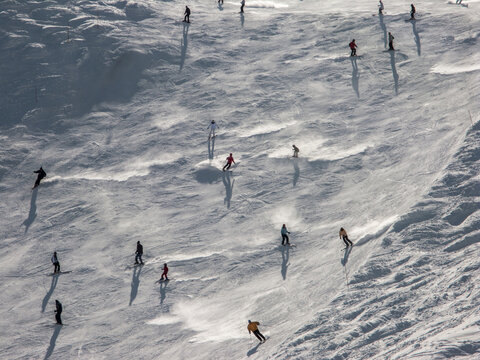 Aerial view of skiers skiing