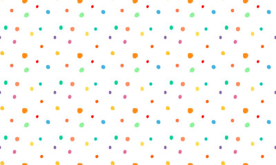 seamless repeating white simple primitive childish bright festive background with polka dots, dots of red, orange, blue, green, yellow, violet colors. Primitive hand-drawn drawing