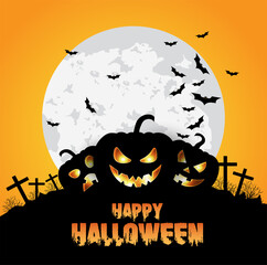 Happy Halloween banner or party invitation background with clouds, bats and pumpkins. Vector illustration. sky, spiders web.