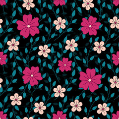 Floral seamless pattern with pink and peach flowers and leaves on black background. Great for spring and summer wallpaper, backgrounds, invitations, packaging design projects textile