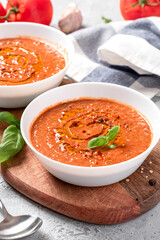 Gazpacho - Spanish cold tomato soup. Mediterranean cuisine, vegetarian and vegan food. Real homemade gazpacho made from tomatoes, peppers and cucumbers.