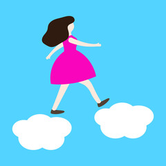 Woman running through the clouds in the sky