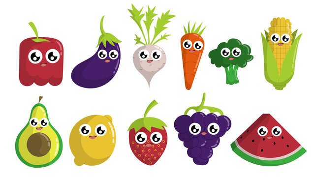 Cute fun fruit and vegetable cartoon characters