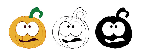 Set pumpkin on a white background. Halloween holiday symbol. Orange pumpkin with a smile and other emotions for your design. Vector illustration.