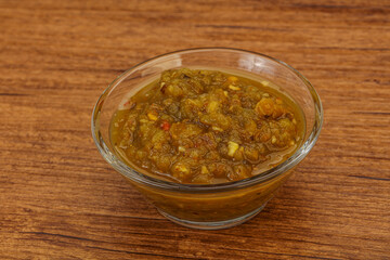 Green spicy sauce in the bowl