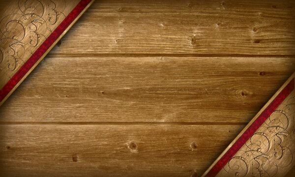 Wood texture made in horizontal planks, with carved corners, decorated with red ribbon. Photo without text.