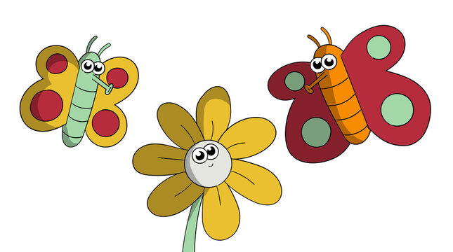 Butterflies and flowers cartoon character
