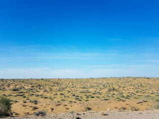The Kyzyl Kum Desert in Uzbekistan in sunny weather.