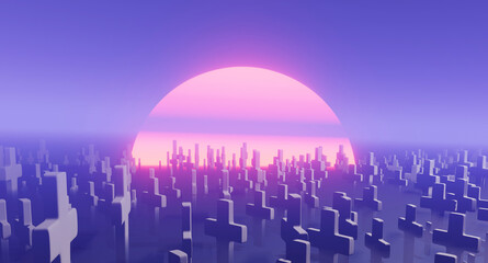 a lot of crosses in the cemetery in haze and setting sun, halloween background, 3d render