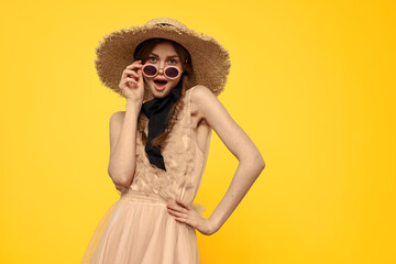 romantic lady in straw hat sunglasses model dress emotions