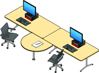 Fototapeta premium Twin office desks set up for two workers. With an integrated meeting table.