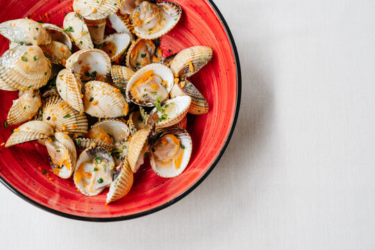 Top view of clams dish in a restaurant