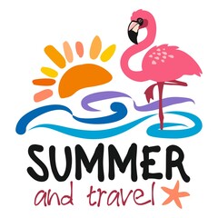 Flamingo bird - vector illustration. Poster for summer travel.