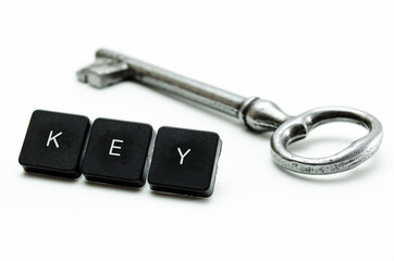 old shiny key and a button with the keyword